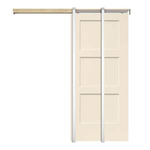 30 in. x 80 in. Beige Painted Composite MDF 3PANEL Equal Style Sliding Door with Pocket Door Frame and Hardware Kit