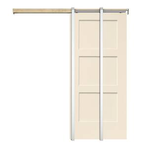 36 in. x 80 in. Beige Painted Composite MDF 3PANEL Equal Style Sliding Door with Pocket Door Frame and Hardware Kit
