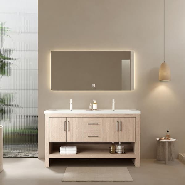 60 in. Double Sink Freestanding Light Oak Bath Vanity with White Acrylic Top