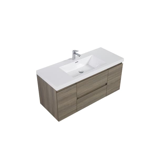 48 in. W Floating Single Sink Bath Vanity in Ash Grey with Gloss White Resin Top