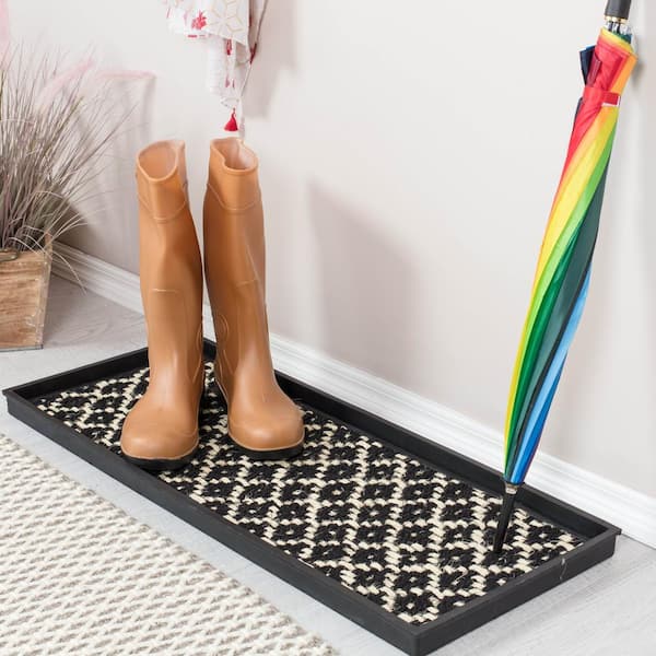 Anji Mountain 34.5 in. x 14 in. x 1.5 in. Natural & Recycled Rubber Boot Tray with Trellis Coir and Rubber Insert, Black/ Tan