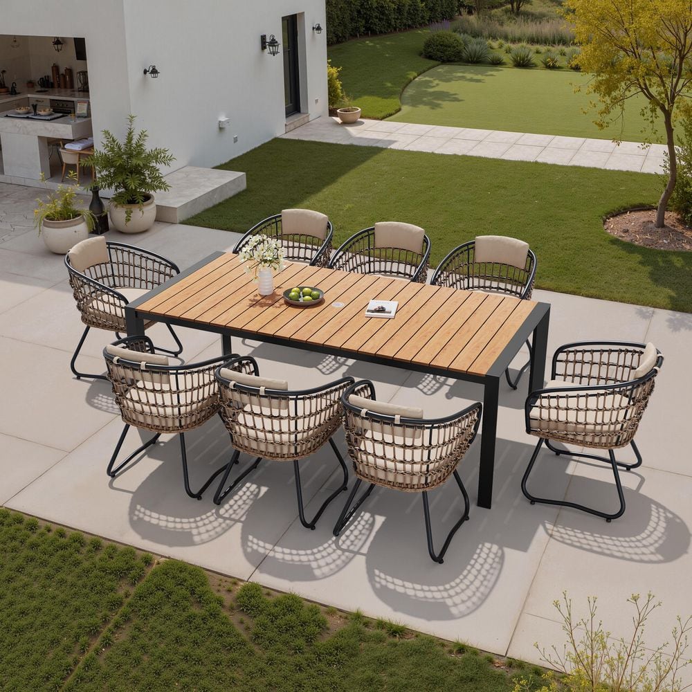 9-Piece Plastic Wood Board Outdoor Dining Set Brown Table Wicker Chair with Thick Cushion Umbrella Hole For Deck Patio price history on PriceWatchPro