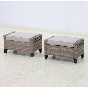 Wicker Outdoor Patio Ottoman with Beige Cushions (2 pack)