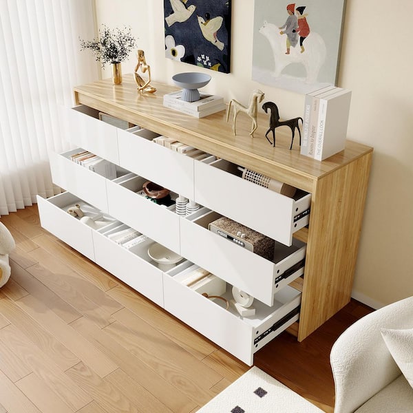 FUFU&GAGA 9-Drawer Natural Brown Wood Dresser Modern Style 31.5 in