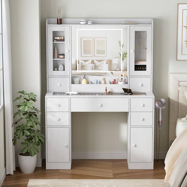 PAKASEPT White Vanity Desk with Mirror and LED Lights, White Makeup Vanity w/ 7 Drawers, Charging Station Hanging Jewelry Armoire