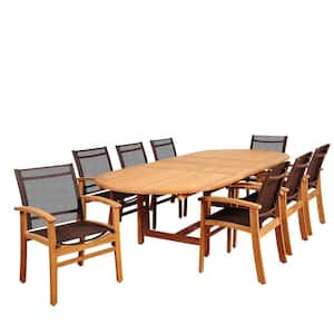 Elliot 9-Piece Teak Double Extendable Oval Patio Dining Set with Brown Sling Chairs