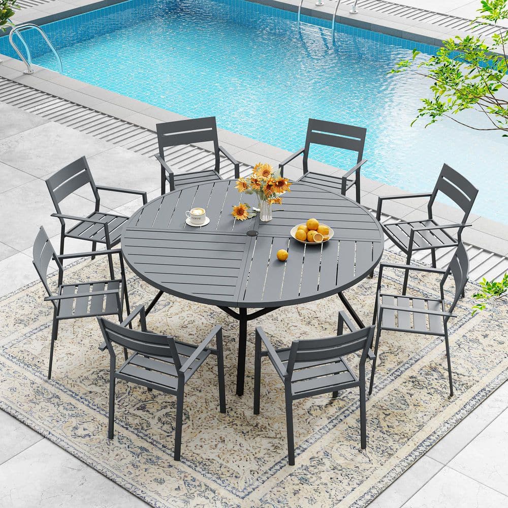 9-Piece Metal Outdoor Patio Dining Set with 53.1 in. Grey Round Slatted Table and 8 Grey Stackable Dining Chairs price history on PriceWatchPro