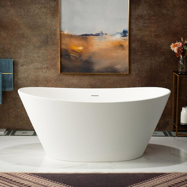 59 in. x 33.5 in. Solid Surface Stone Resin Freestanding Soaking Bathtub With Center Drain in Matte White