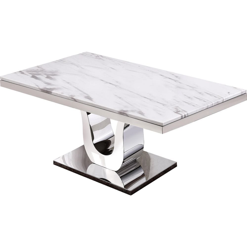 White Marble Dining Set with Silver Stainless Steel Base and Cream Velvet Chairs