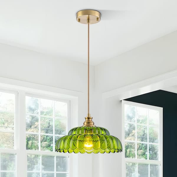 11.61 in. 1-Light Vintage Dome Gold Pendant Light with Green Scalloped Glass for Kitchen Island Bedroom