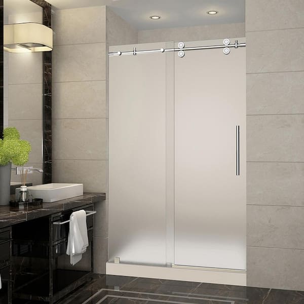 Aston Langham 48 in x 36 in x 77.5 in Completely Frameless Sliding Shower Door with Frosted in Chrome with Right Base