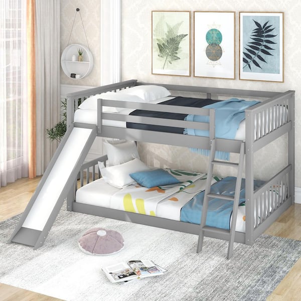 Gray Wood Full Over Full Bunk Bed with Convertible Slide and Ladder