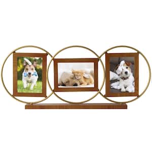 28 in. W. x 12 in. 3-Opening Wood and Metal Picture Frame, Wood/Gold/Natural Finish-Holds 1-7 x 5 in. 2-5 x 7 in. Photo