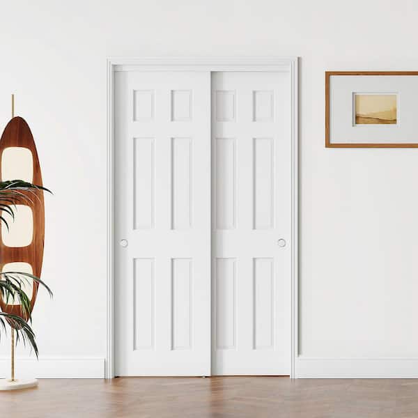 60 in. x 80 in. 6-Panel Honeycomb Core White Primed MDF Sliding Door with Handle, Hardware Track Kit and Floor Guide