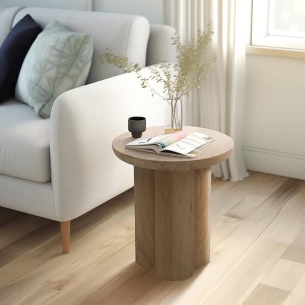 16 in. Natural Brown Round Mango Wood Scandinavian Farmhouse End Table