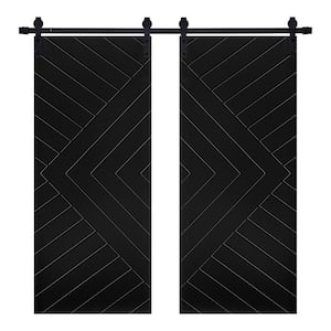 Double 24 inch Modern Chevron Designed 48 in. x 80 in. Panel Black Painted MDF Sliding Barn Door with Hardware Kit