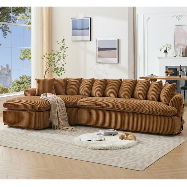 No Assembly Required 127 in. L-Shape Corduroy Sectional Sofa in Brown with High-Resilience Foam, 10 Back Cushions