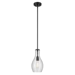 Everly 13.75 in. 1-Light Black Modern Shaded Bell Kitchen Hanging Pendant Light with Clear Seeded Glass