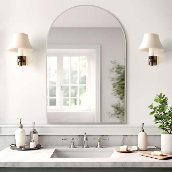 24 in. W x 36 in. H Arch Mirror for Bathroom Entryway Wall Decor Metal Frame Wall Mounted Mirror in Silver, Set of 2
