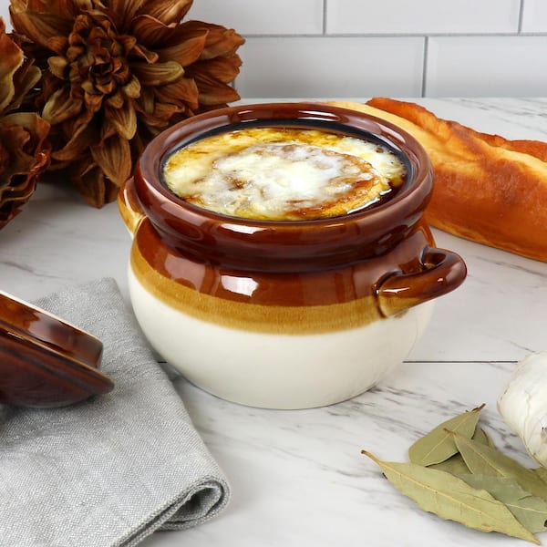 Elama Double Handle 15 fl. oz. Brown Stoneware French Onion Soup