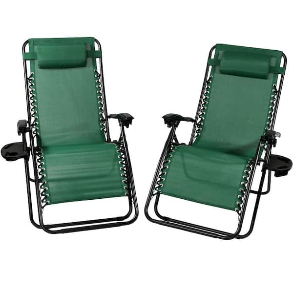 Sunnydaze Oversized Forest Green Zero Gravity Sling Patio Lounge Chair with Cupholder (2-Pack)