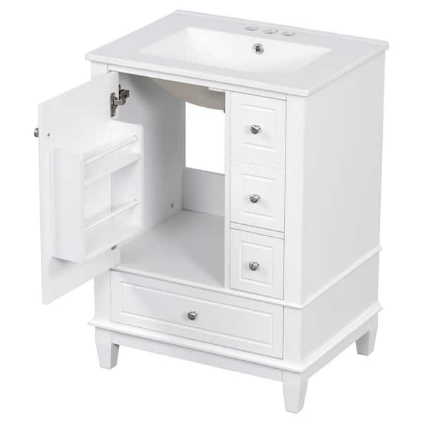 24 in. Single Sink Freestanding White Bath Vanity with White Ceramic Top, 3 Drawers, Soft Close Doors, Unassembled
