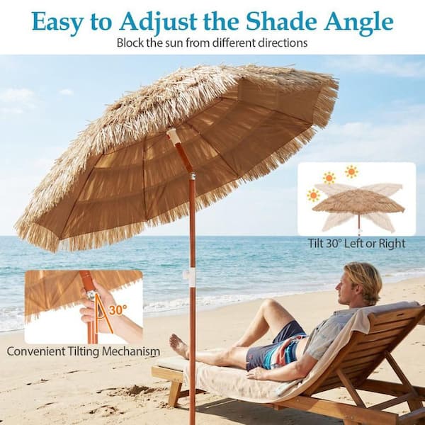 6' tiki tilt patio umbrella Clihome 6 ft. Thatched Tiki Patio Umbrella in Natural, Push-Button Tilt, Lightweight with Carry Bag