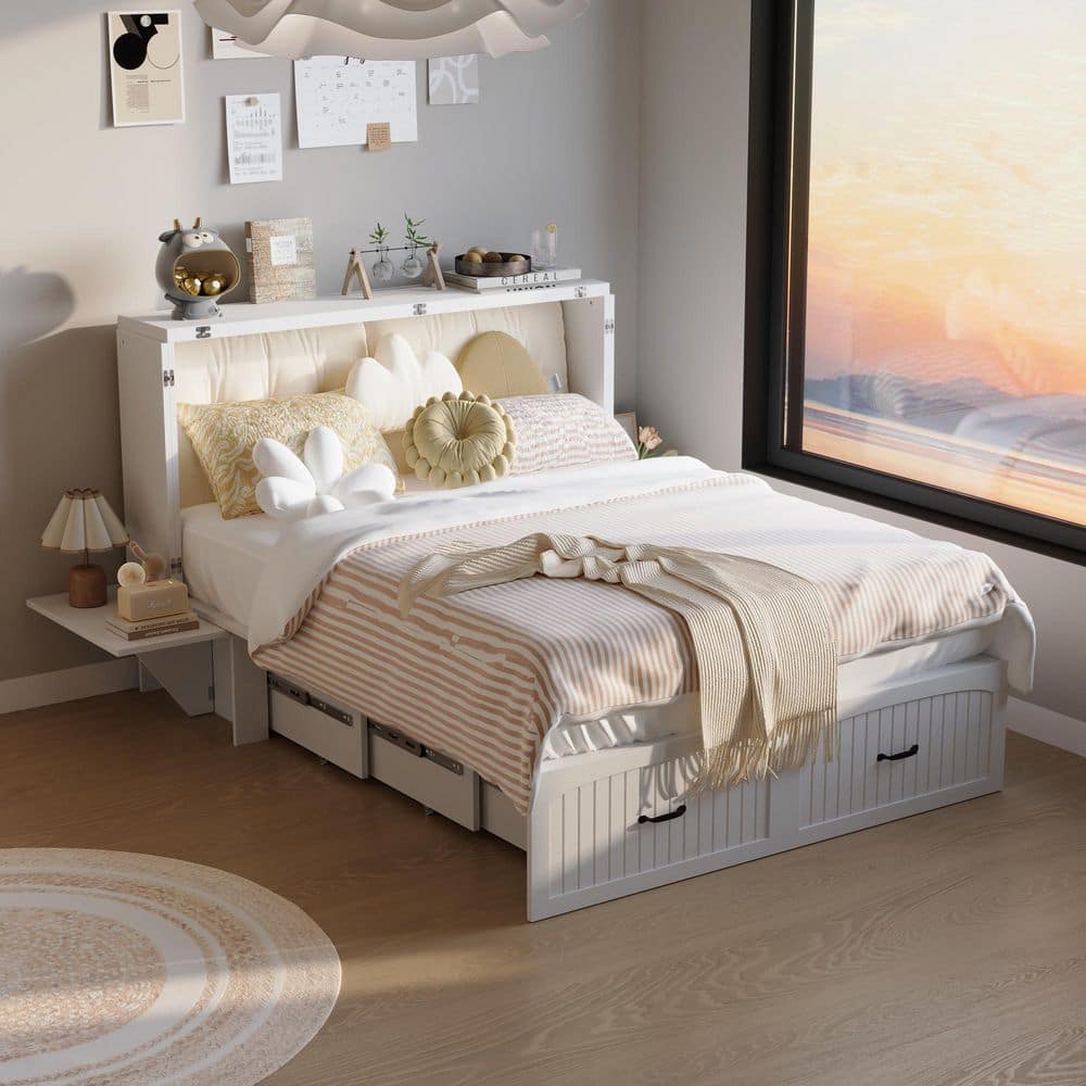 White Wood Frame Full Size Murphy Beds Chest of Drawer Storage Cabinet With Drawers, 2-Nightstand and Wheels