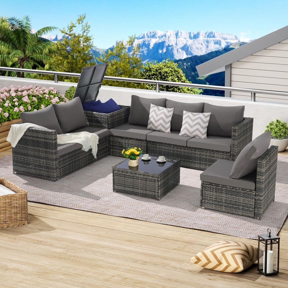 6-Piece Wicker Outdoor Sectional Set with Dark Gray Cushions and Coffee Tab