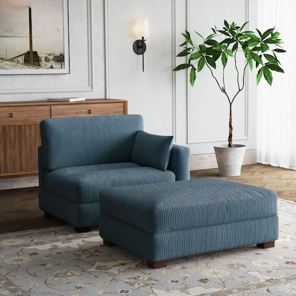 Modern Right Arm Facing Navy Blue Corduroy Polyester Upholstered Sectional Chaise Lounge with Ottoman