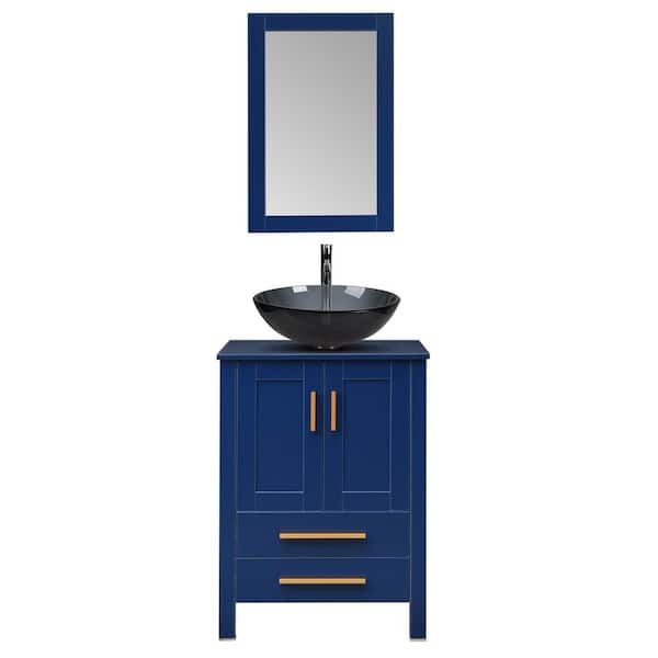 Puluomis 24 in. W x 19 in. D x 38 in. H Single Sink Bath Vanity in Blue with Blue Solid Surface Top and Mirror