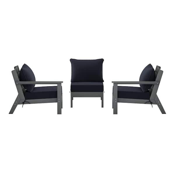 WESTIN OUTDOOR Birchwood Gray Arrangeable 3-Piece HDPE Deep Seating Outdoor Patio Conversation Sofa Arm Chair Set w/Navy Blue Cushions