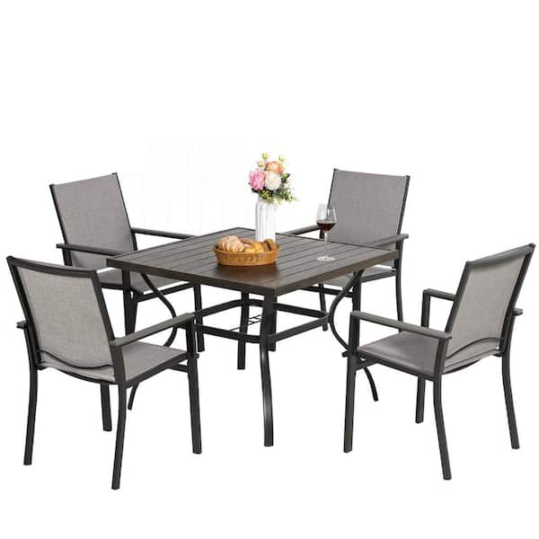 MEOOEM 5-Pieces Outdoor Patio Dining Set Textilene Chairs and Wood-grain Metal Dining Table for 4