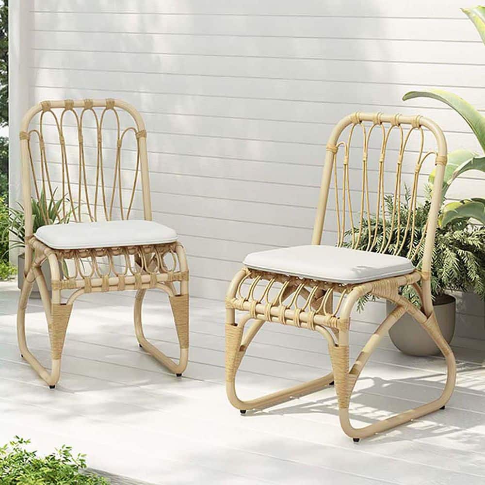 Natural Brown Wicker Outdoor Dining Chair with White Cushions, Patio Dining