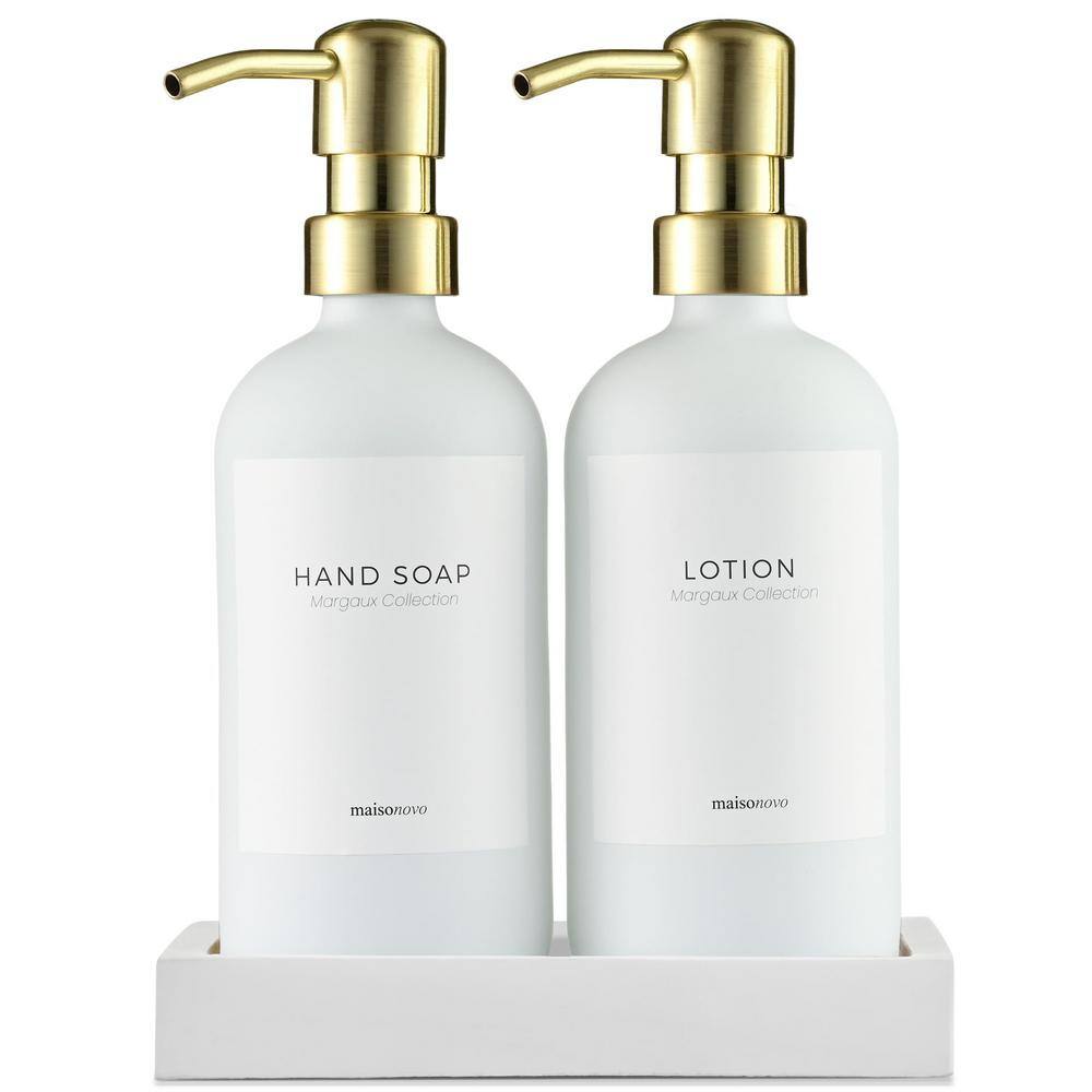 2-Pieces, Glass Hand Soap and Lotion Dispenser with Hand Made Concrete Tray