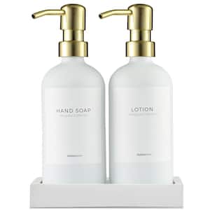 2 Pcs, Glass Hand Soap and Lotion Dispenser with Hand Made Concrete Tray in White Bottles and Gold Pumps