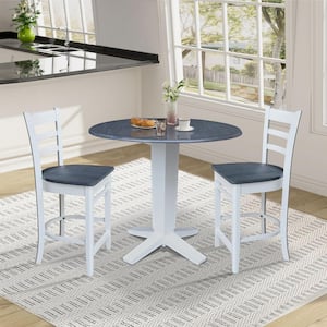 3-Piece Lyla White/Heather Gray 42 in. Solid Wood Drop-Leaf Counter Height Pedestal Table and 2 Emily Stools Seats 2