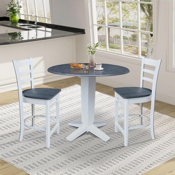 3-Piece Lyla White/Heather Gray 42 in. Solid Wood Drop-Leaf Counter Height Pedestal Table and 2 Emily Stools Seats 2