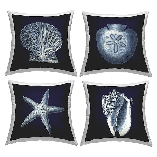 Stupell Industries Nautical Blue Ocean Shells Starfish Sand Dollar Blue Square Outdoor Throw Pillow 4-Pack