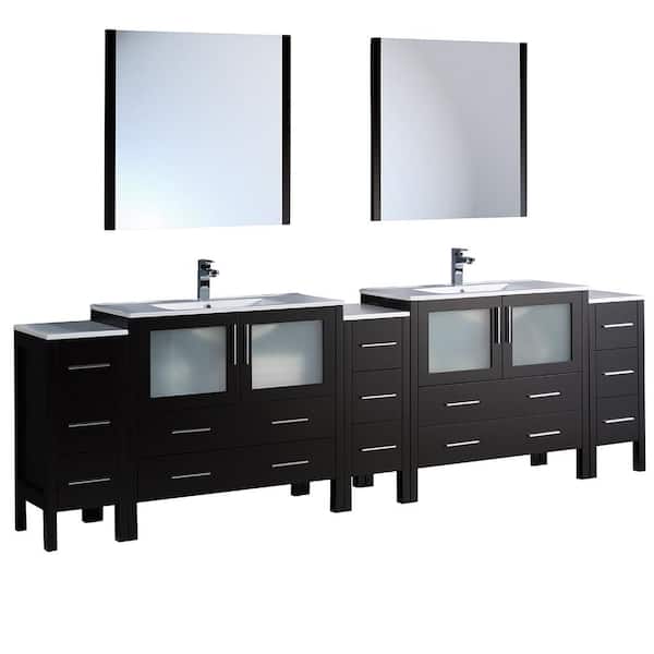 Fresca Torino 108 in. Double Vanity in Espresso with Ceramic Vanity Top in White with White Basins and Mirrors