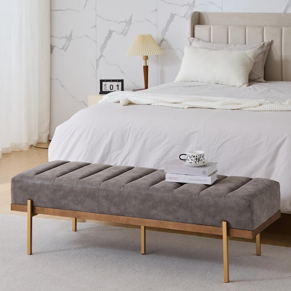 CHRISTOPHER KNIGHT HOME Celestia Modern Upholstered PU Leather Ottoman Bench with Channel Tufting, Iron Base, Gray + Gold