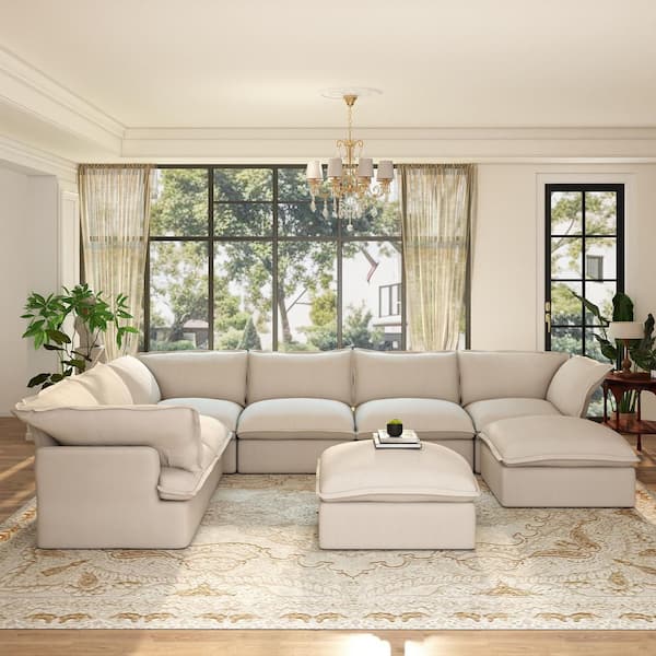 Large 163 in. Flared Arm 8-Piece Linen L-shaped Modular Cloud Sectional Sofa with 2 Ottomans Washable Covers in. Beige