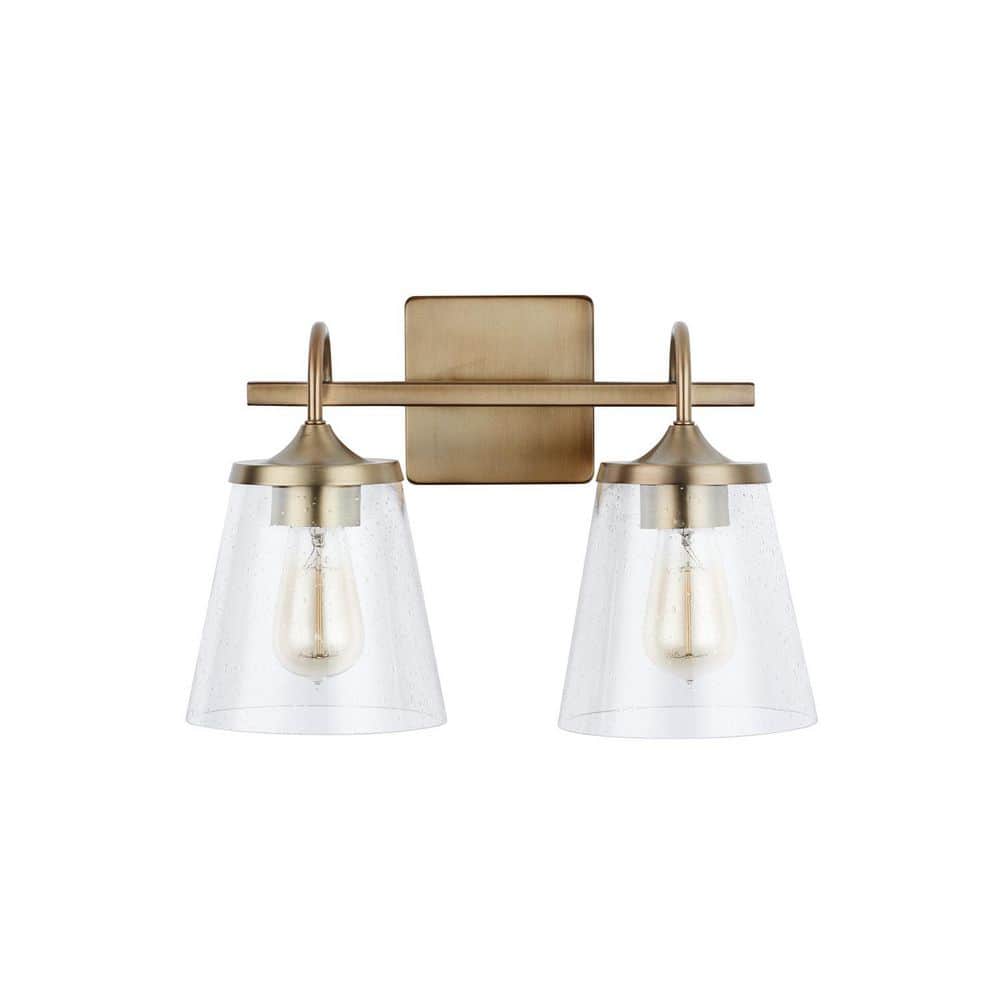 Jayne 15 in. W x 10.5 in. H x 9 in. E 2-Light Aged Brass Vanity Light with Clear Seeded Cone Glass Shades price history on PriceWatchPro