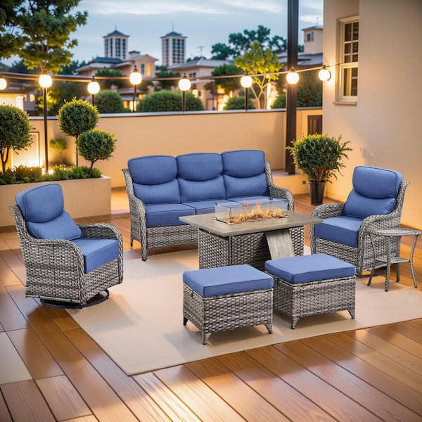 MoonLuxe Gray Wicker Fire Pit Conversation Set with Blue Olefin 6 in. Thick Cushions Patio Swivel Chairs (7-Piece)
