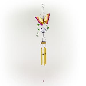 48 in. Hanging Outdoor Butterfly Metal Wind Chime with Solar-Powered LED Lights, Orange