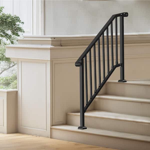 3-4 Step Handrails, 38.98 in. H x 3.31 in. W, black, iron, Stair Railing Kit, Outdoor Porch and Deck, Retro Arch