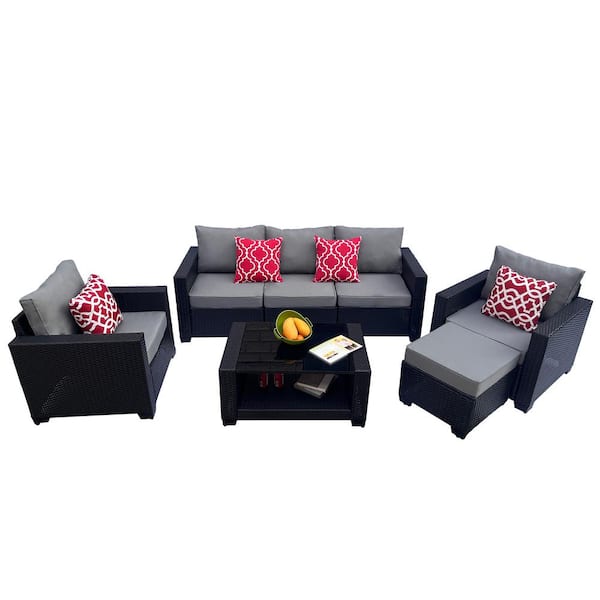 Sudzendf 5-Piece Wicker Patio Conversation Set with Gray Cushions, Glass Table and Ottoman