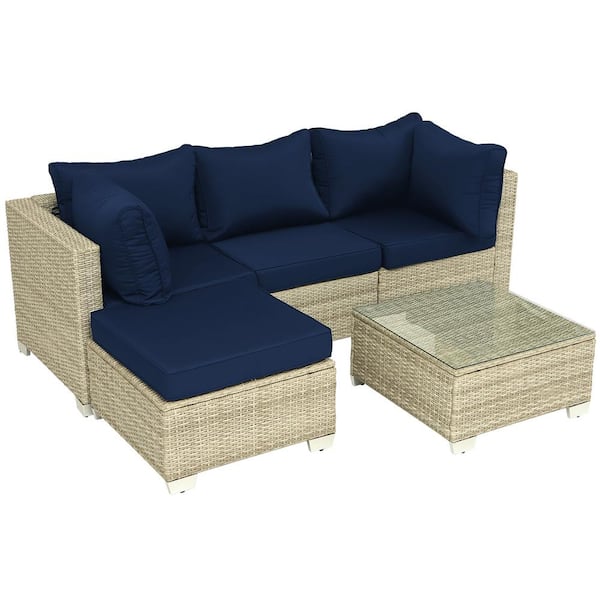 Sudzendf 5 of Pieces Gray Wicker Outdoor Sofa Sectional Set with Dark Blue Cushions