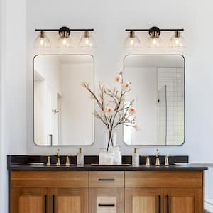 Modern Bell Bathroom Vanity Light 23.6 in. 3-Light Dome Black and Brass Wall Light with Hammered Glass Shades