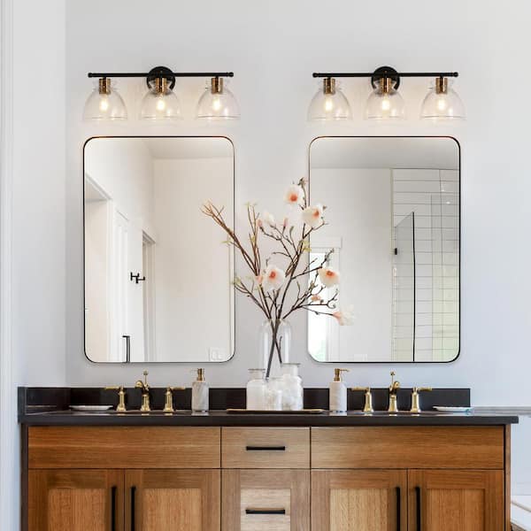 Modern Bell Bathroom Vanity Light 23.6 in. 3-Light Dome Black and Brass Wall Light with Hammered Glass Shades